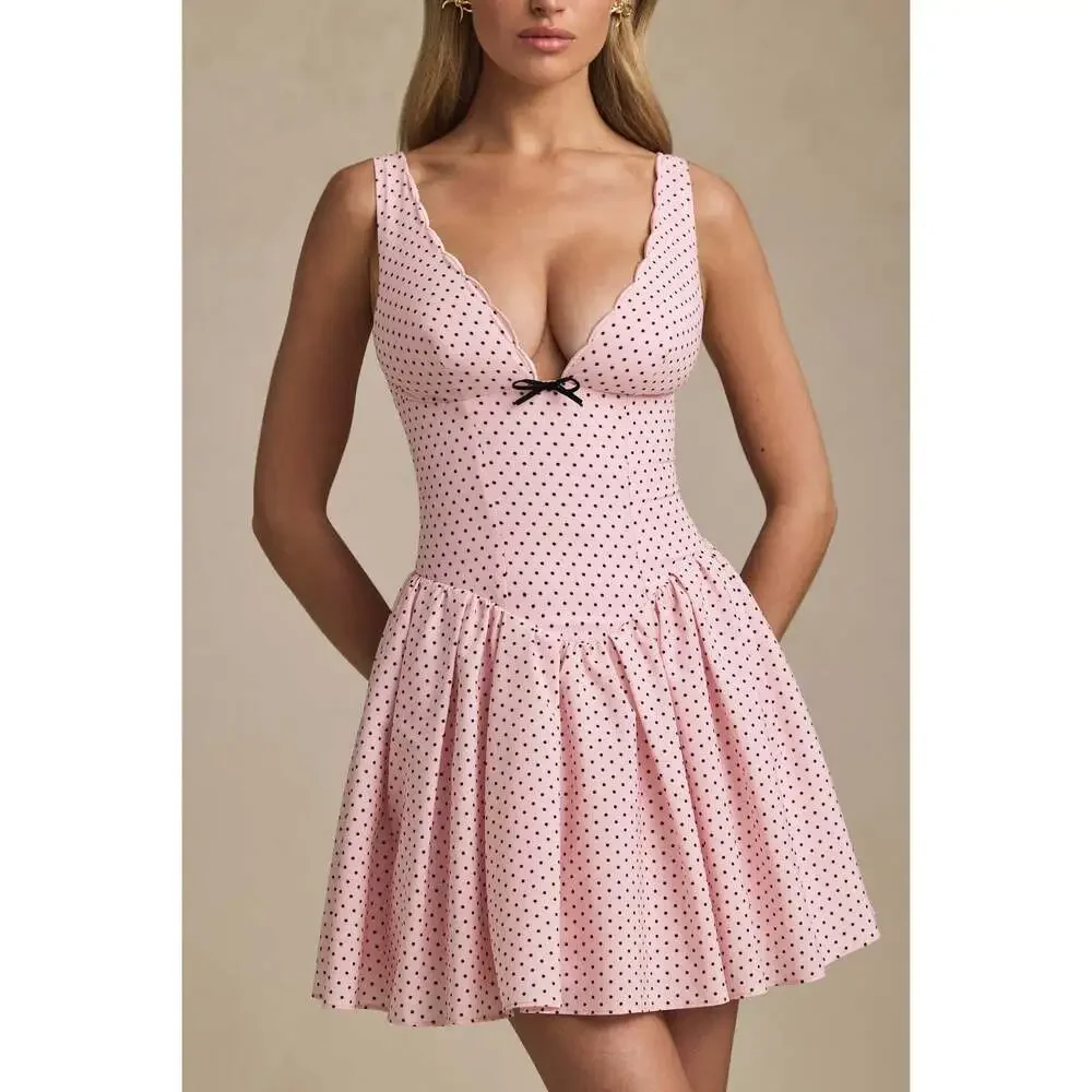 Oh Polly Bow-Detail A-Line Mini Dress in Pink Polka Dot 8 - Picture 2 of 3